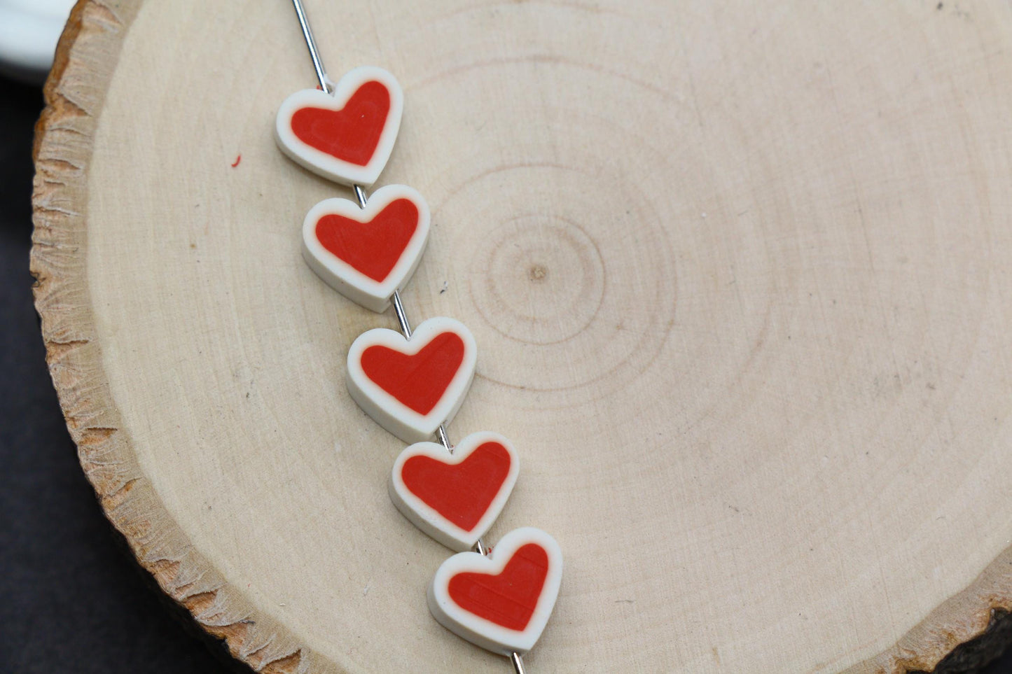 Red Heart Polymer Clay Beads – White Edge Heart Beads for Bracelets, Cute Love Beads, Valentine Beads for Jewelry Making #1022