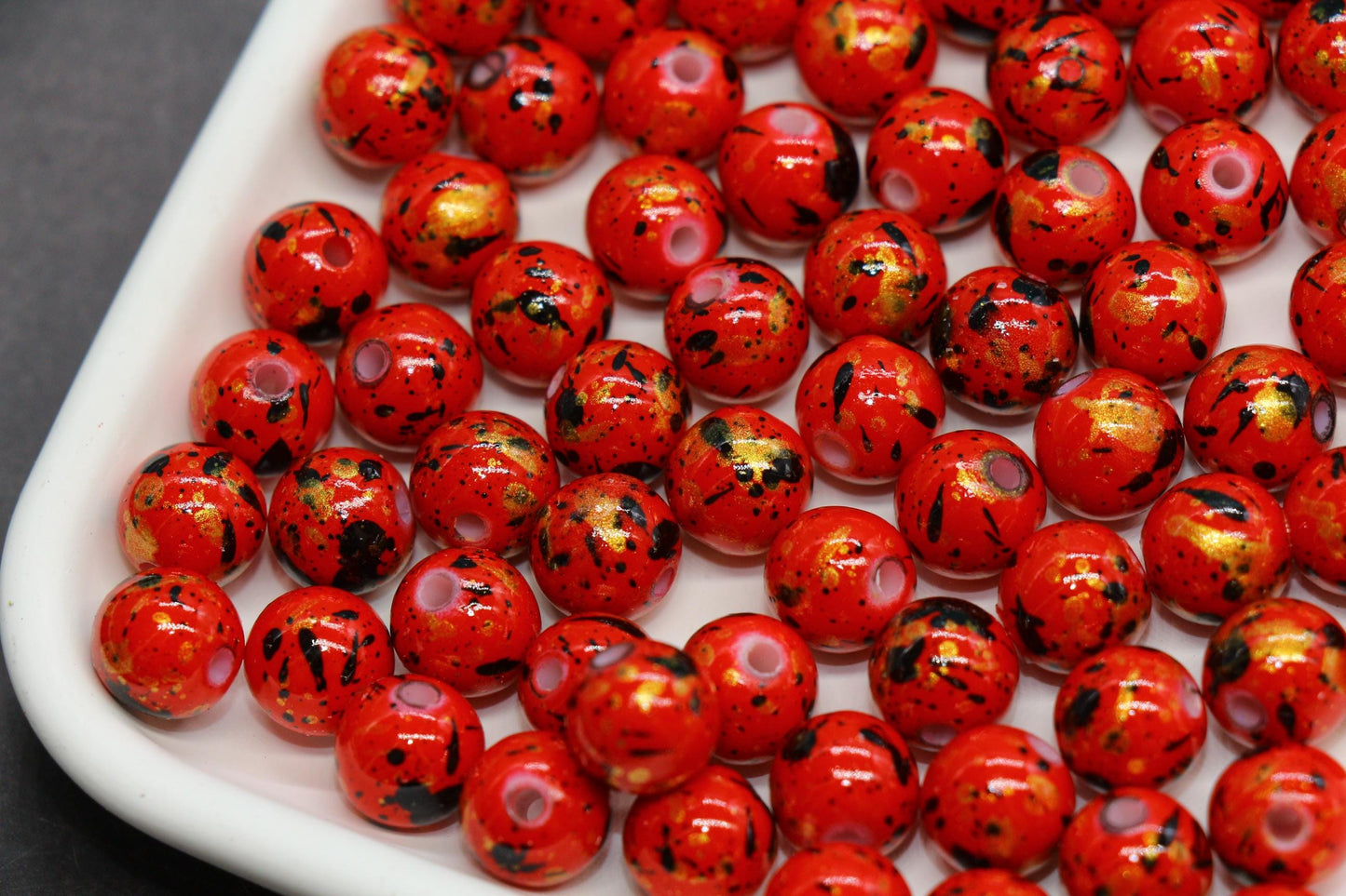 10mm Splatter Painted Acrylic Beads, Round Glossy Beads with Gold and Black Speckle for Jewelry Making, DIY Crafts