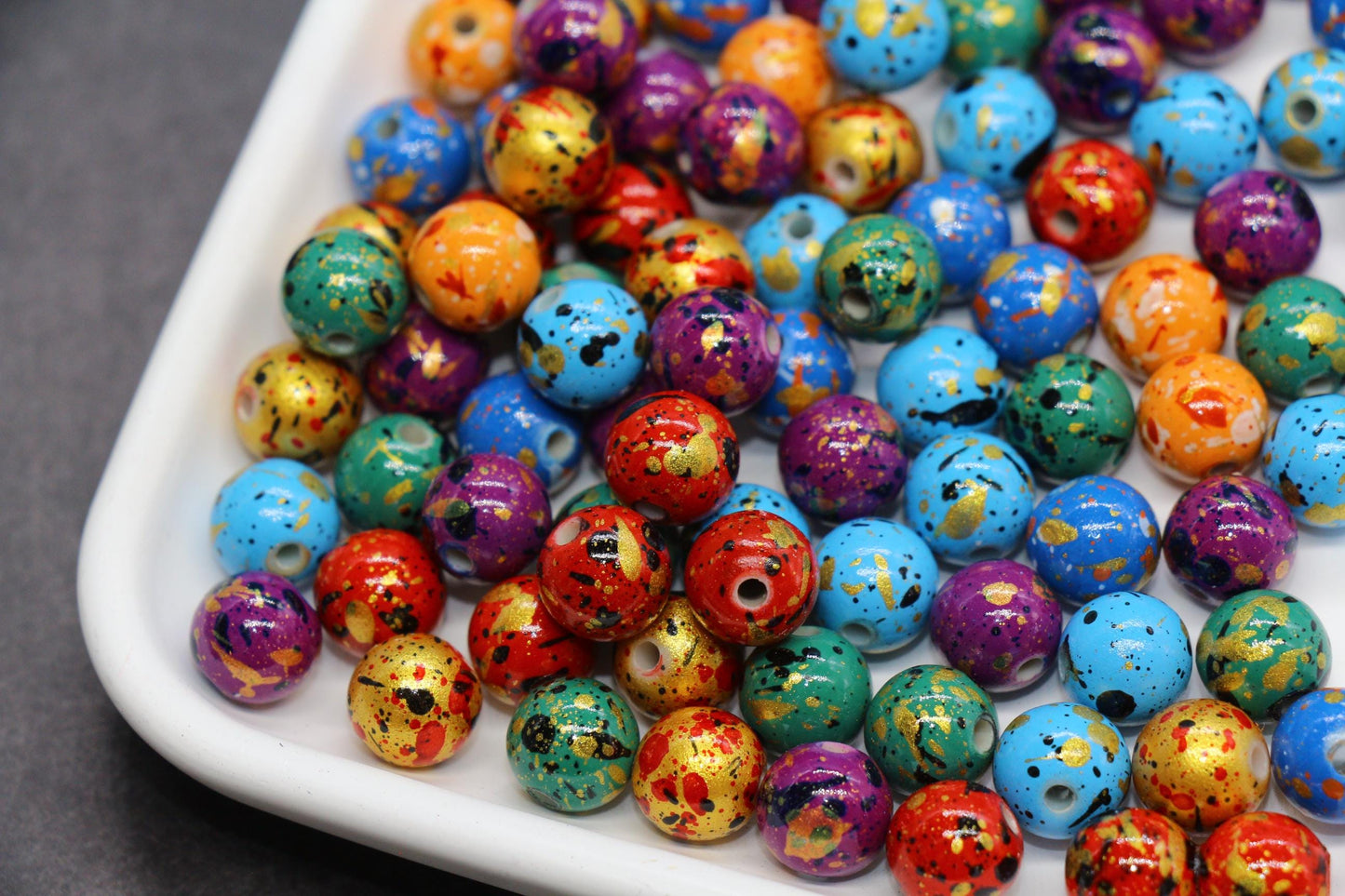 10mm Splatter Painted Acrylic Beads, Round Glossy Beads with Gold and Black Speckle for Jewelry Making, DIY Crafts