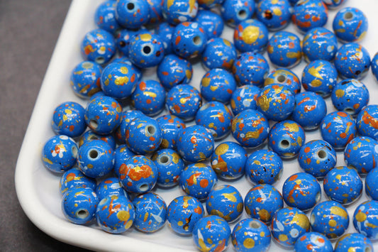 10mm Splatter Painted Acrylic Beads, Round Glossy Beads with Gold and Black Speckle for Jewelry Making, DIY Crafts