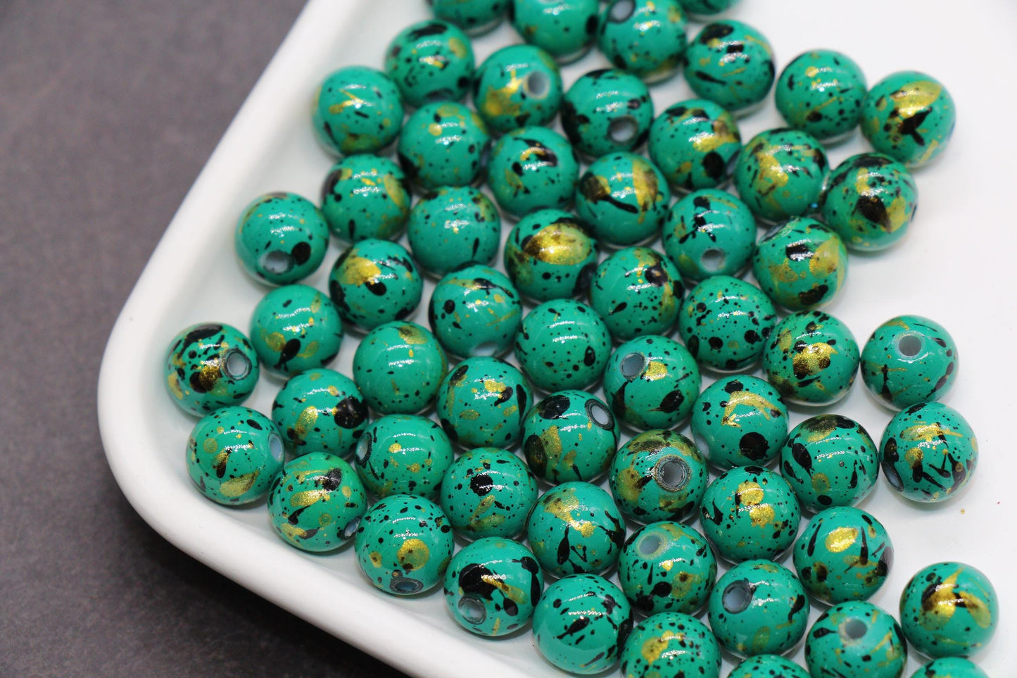 10mm Splatter Painted Acrylic Beads, Round Glossy Beads with Gold and Black Speckle for Jewelry Making, DIY Crafts