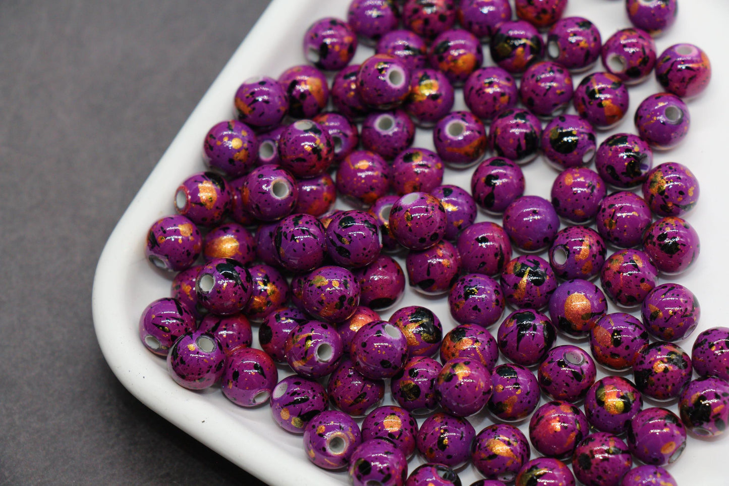 8mm Splatter Painted Acrylic Beads, Round Glossy Beads with Gold and Black Speckle for Jewelry Making, DIY Crafts