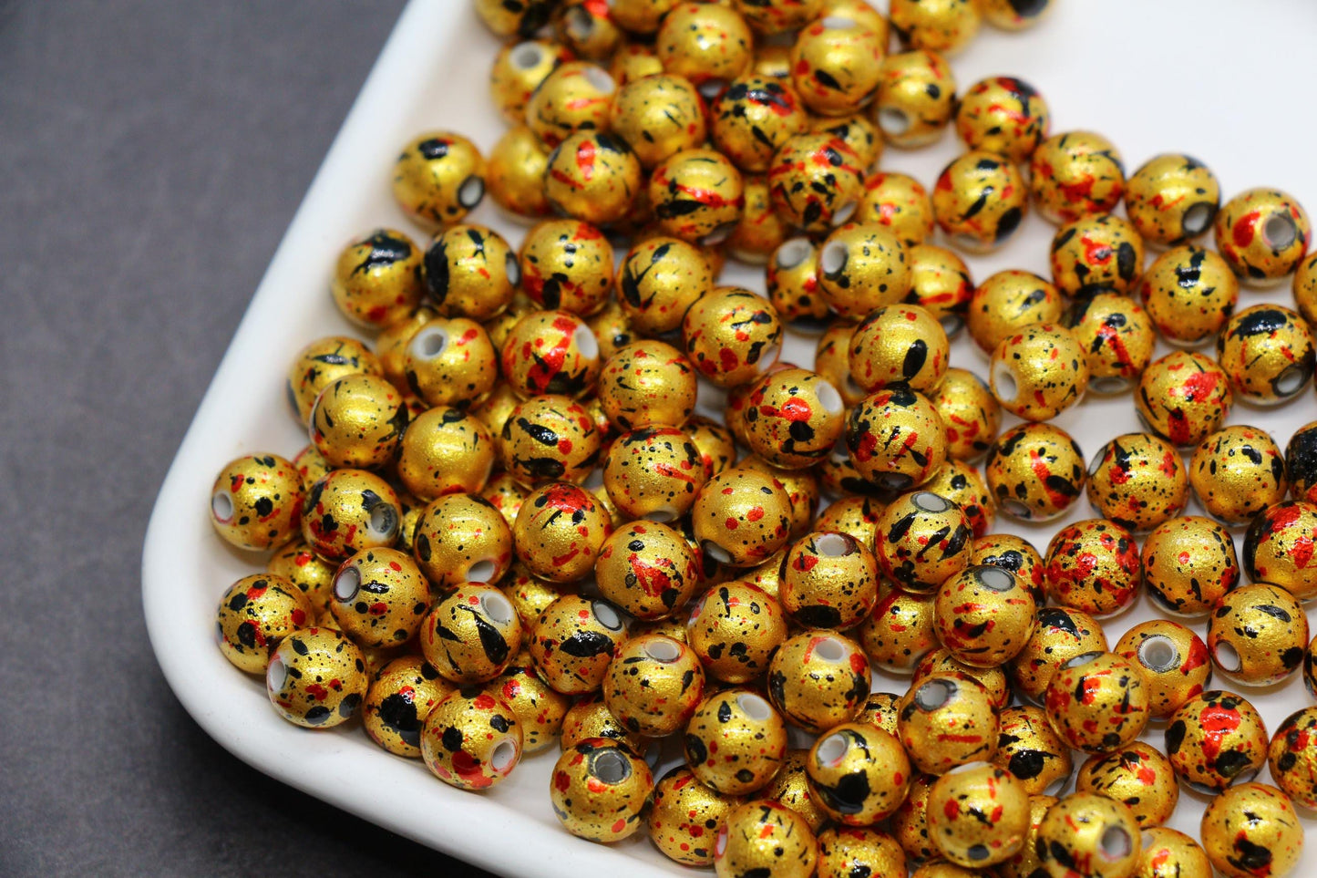 8mm Splatter Painted Acrylic Beads, Round Glossy Beads with Gold and Black Speckle for Jewelry Making, DIY Crafts