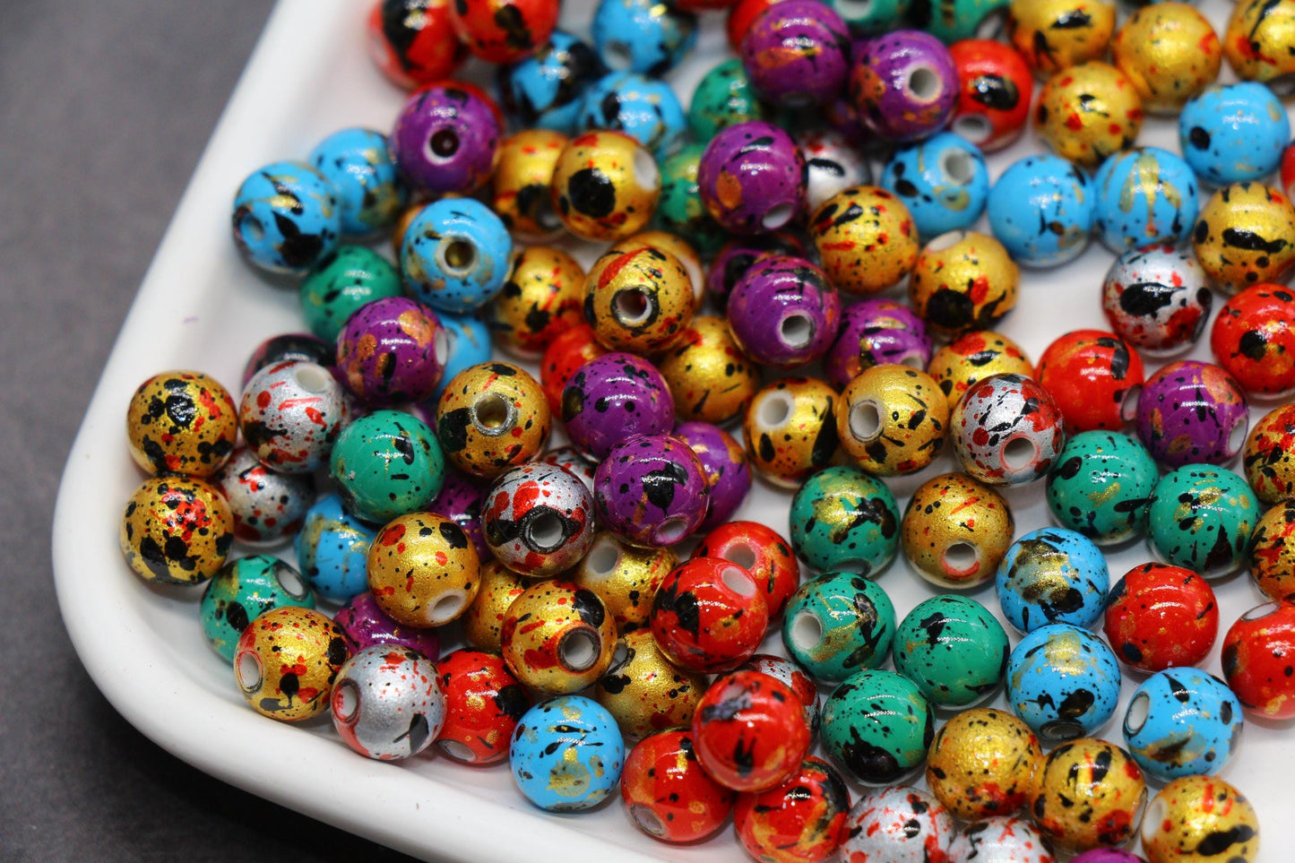 8mm Splatter Painted Acrylic Beads, Round Glossy Beads with Gold and Black Speckle for Jewelry Making, DIY Crafts