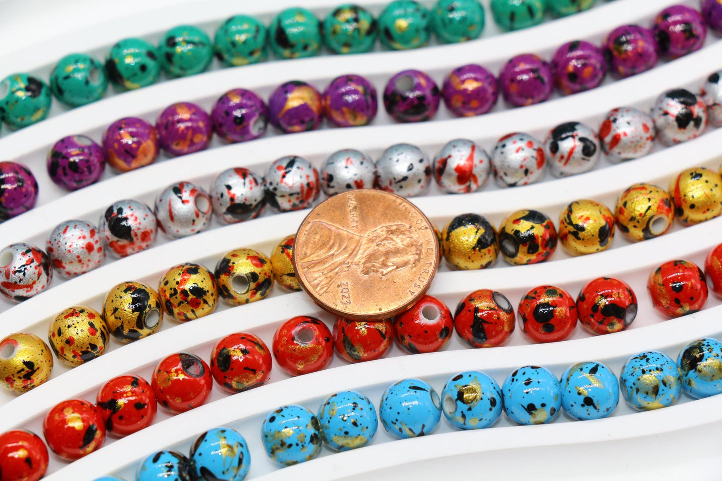 8mm Splatter Painted Acrylic Beads, Round Glossy Beads with Gold and Black Speckle for Jewelry Making, DIY Crafts