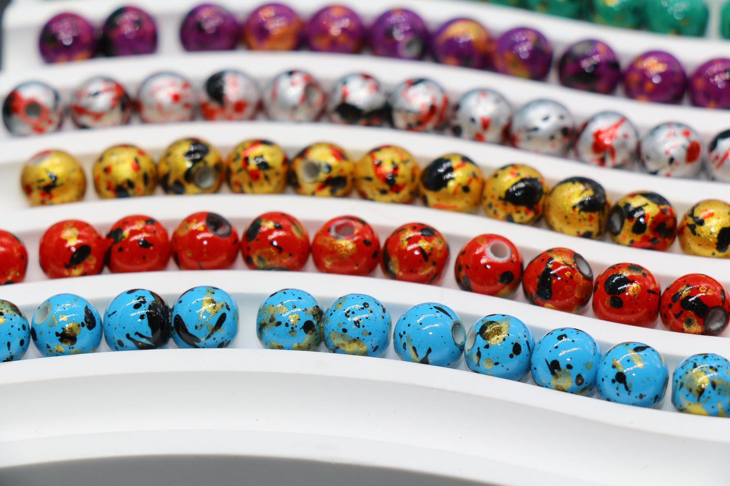 8mm Splatter Painted Acrylic Beads, Round Glossy Beads with Gold and Black Speckle for Jewelry Making, DIY Crafts