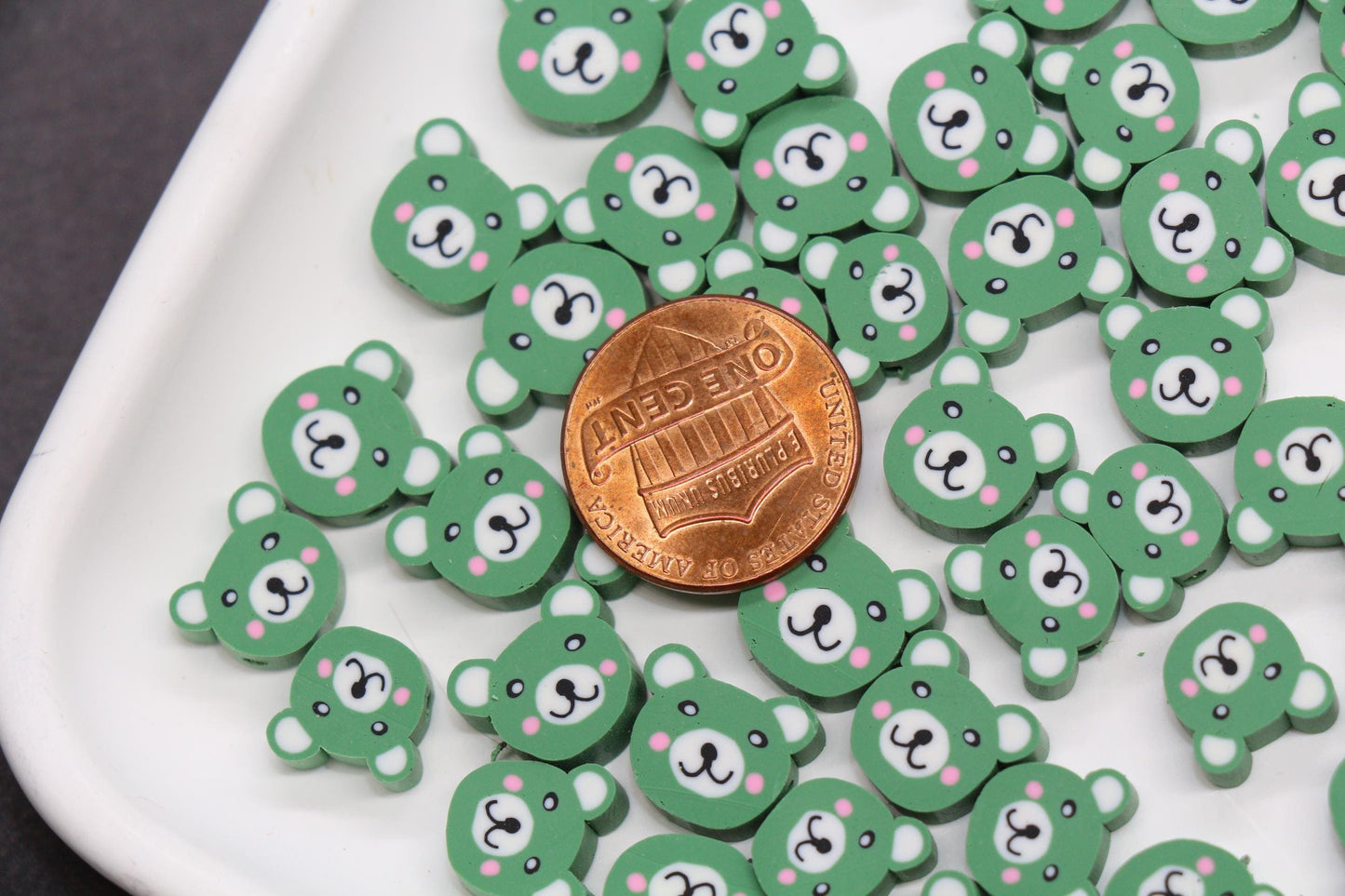 Green Bear Beads for Bracelets, Cute Animal Face Polymer Clay Beads, Kawaii Bear Beads for Jewelry Making, DIY Bracelet Supplies #404