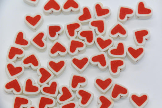 Red Heart Polymer Clay Beads – White Edge Heart Beads for Bracelets, Cute Love Beads, Valentine Beads for Jewelry Making #1022