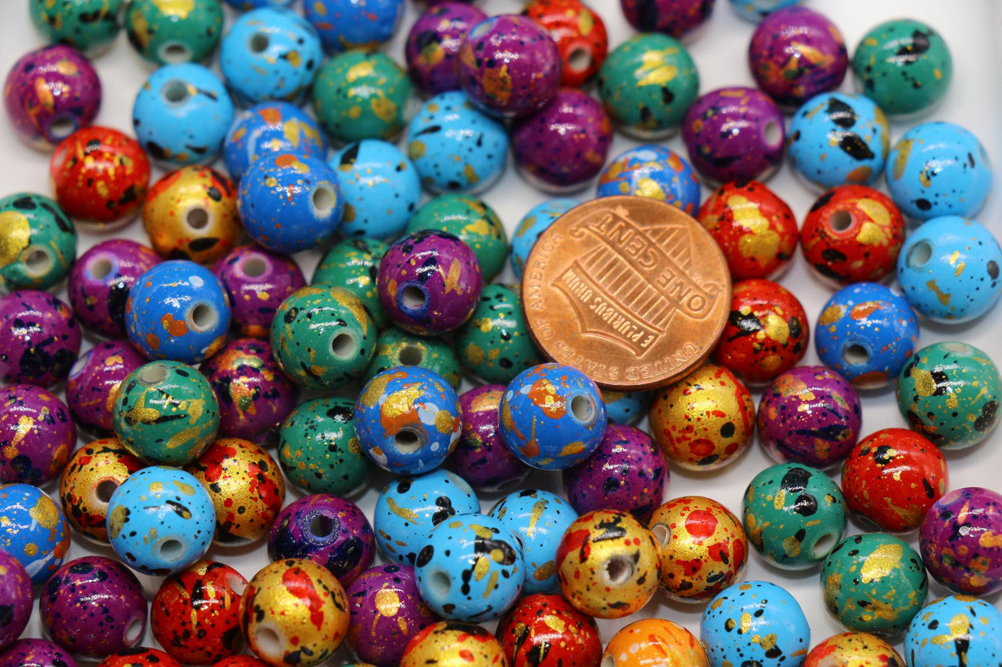 10mm Splatter Painted Acrylic Beads, Round Glossy Beads with Gold and Black Speckle for Jewelry Making, DIY Crafts