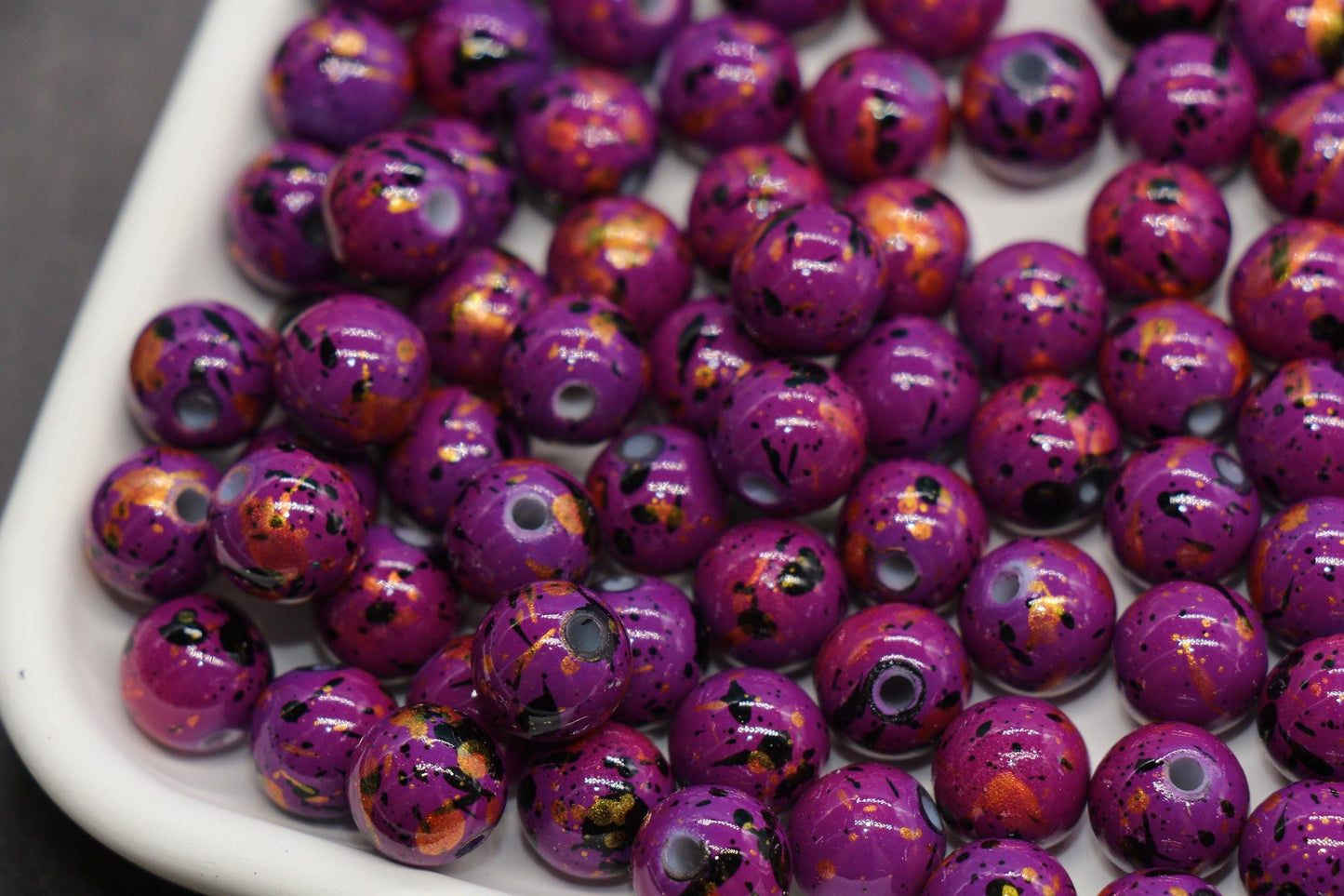 10mm Splatter Painted Acrylic Beads, Round Glossy Beads with Gold and Black Speckle for Jewelry Making, DIY Crafts