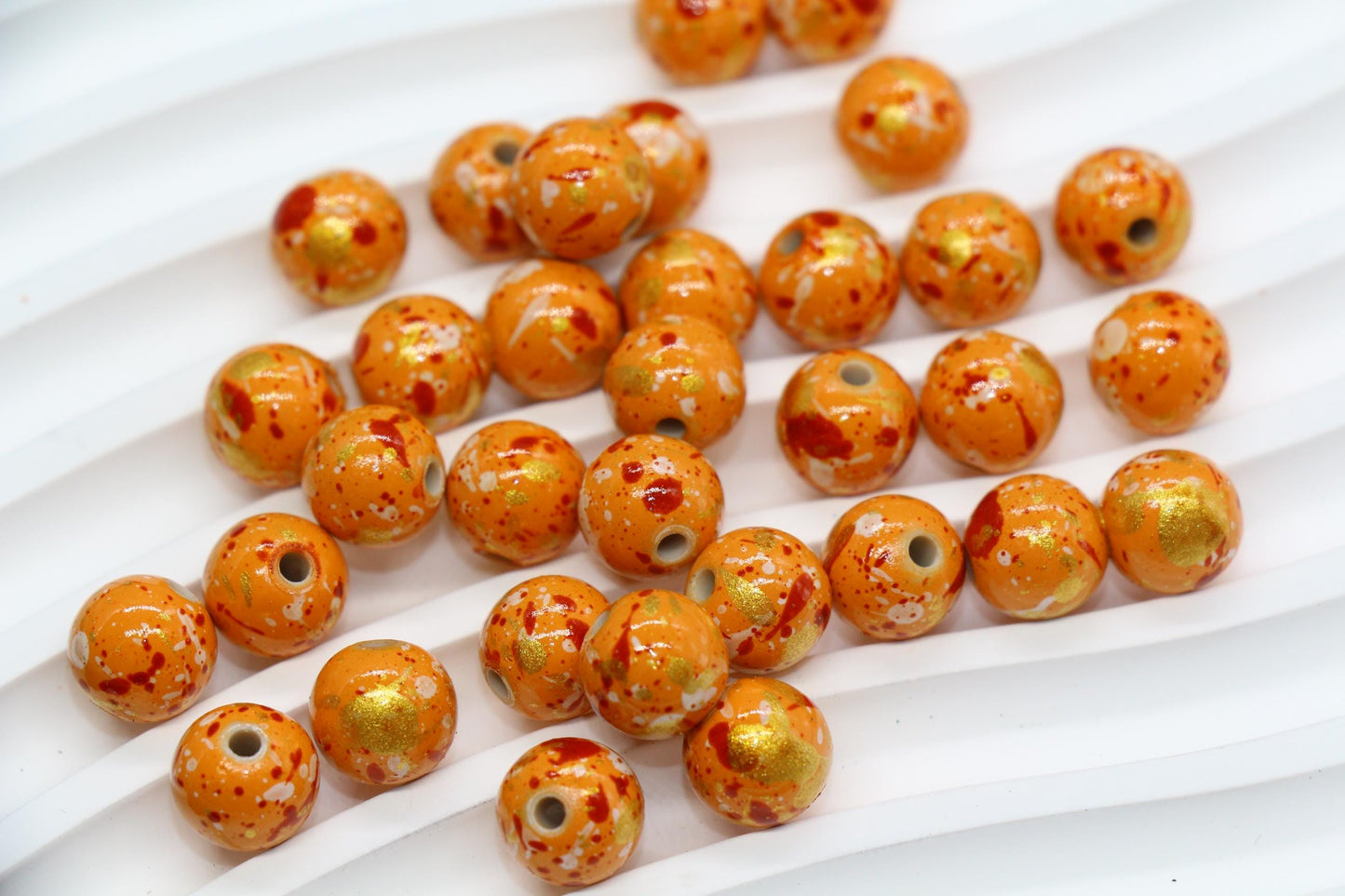 10mm Splatter Painted Acrylic Beads, Round Glossy Beads with Gold and Black Speckle for Jewelry Making, DIY Crafts