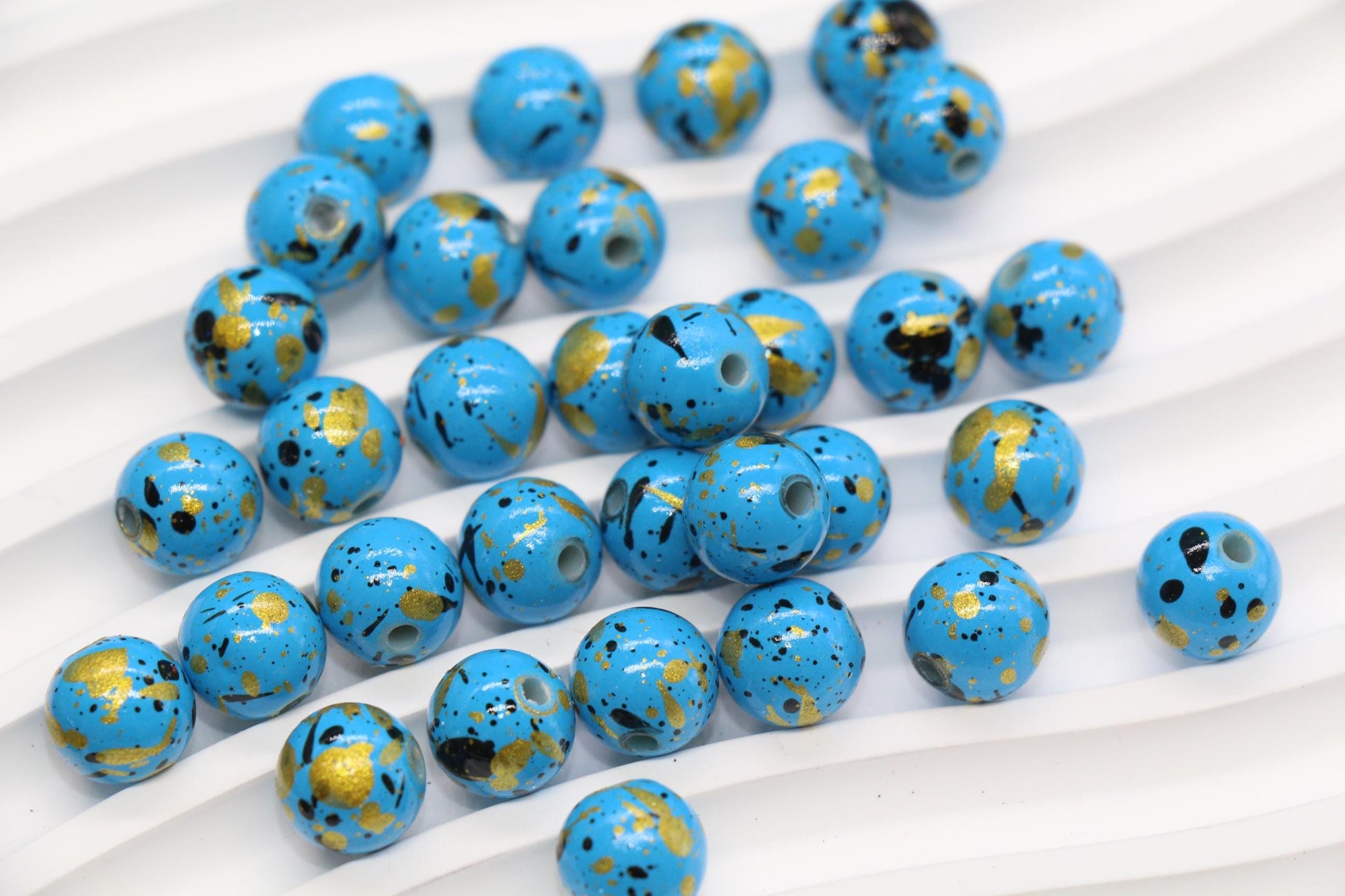 10mm Splatter Painted Acrylic Beads, Round Glossy Beads with Gold and Black Speckle for Jewelry Making, DIY Crafts