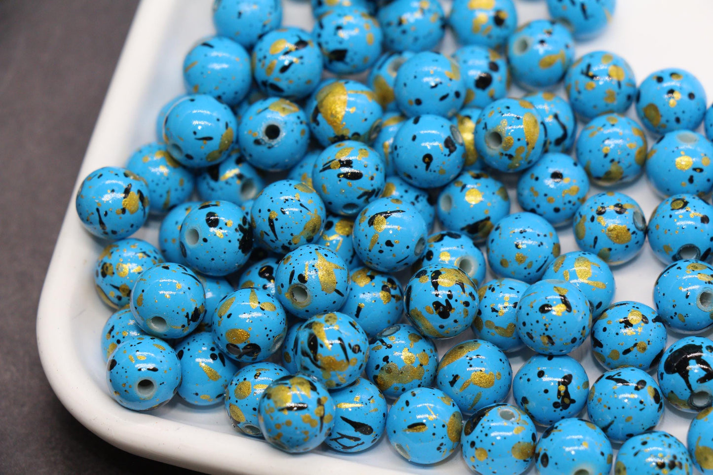10mm Splatter Painted Acrylic Beads, Round Glossy Beads with Gold and Black Speckle for Jewelry Making, DIY Crafts