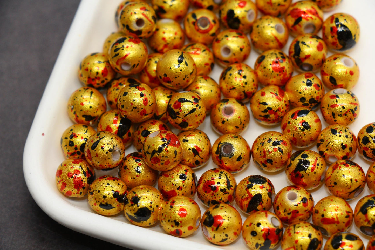 10mm Splatter Painted Acrylic Beads, Round Glossy Beads with Gold and Black Speckle for Jewelry Making, DIY Crafts