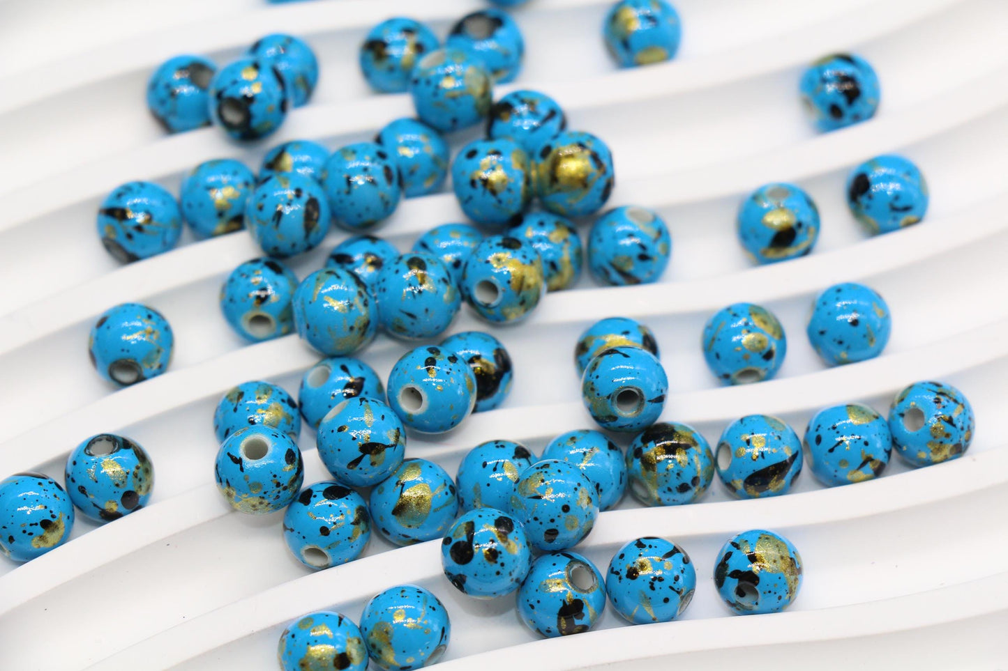 8mm Splatter Painted Acrylic Beads, Round Glossy Beads with Gold and Black Speckle for Jewelry Making, DIY Crafts