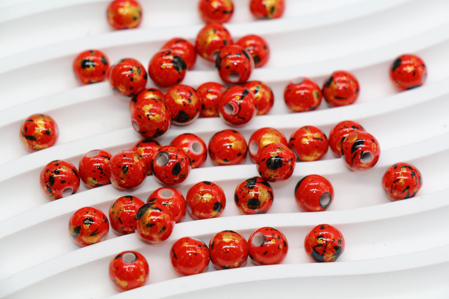 8mm Splatter Painted Acrylic Beads, Round Glossy Beads with Gold and Black Speckle for Jewelry Making, DIY Crafts