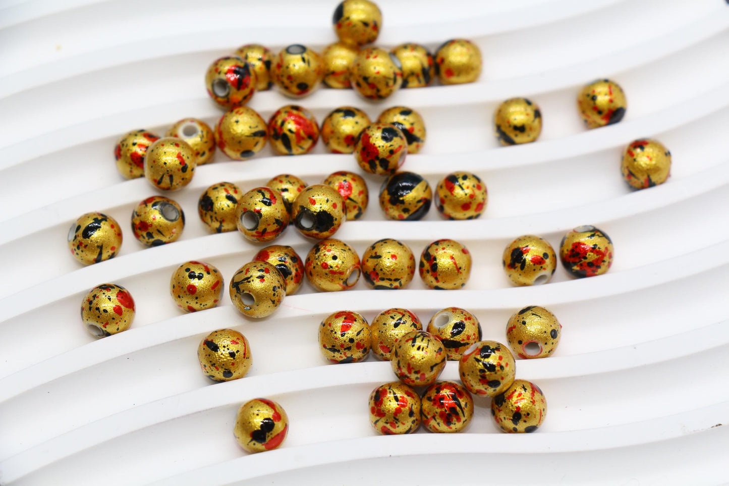 8mm Splatter Painted Acrylic Beads, Round Glossy Beads with Gold and Black Speckle for Jewelry Making, DIY Crafts