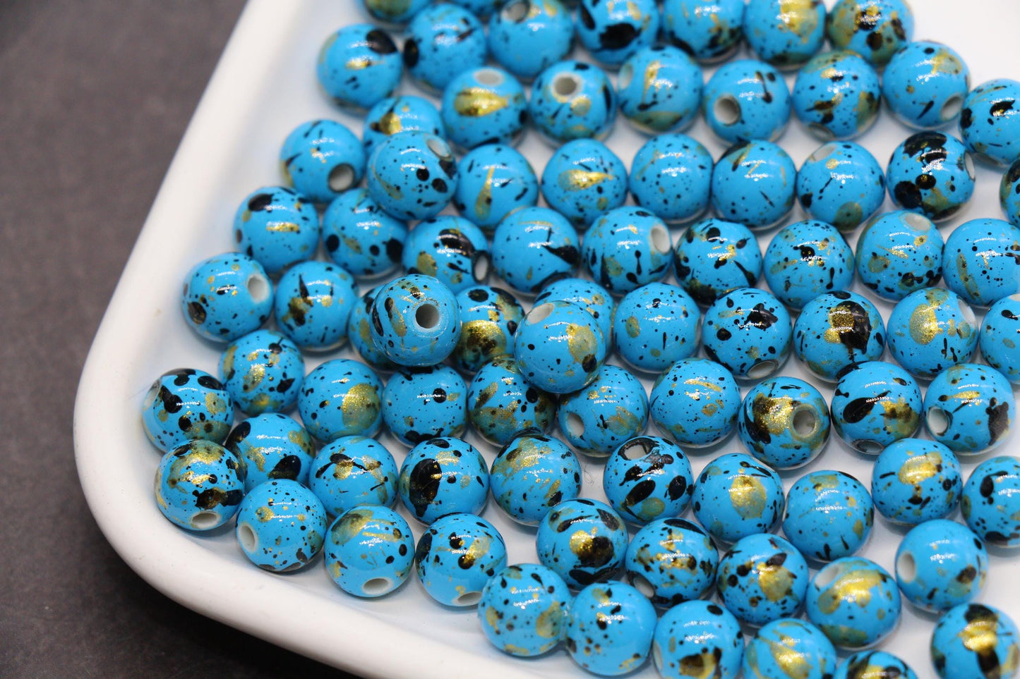 8mm Splatter Painted Acrylic Beads, Round Glossy Beads with Gold and Black Speckle for Jewelry Making, DIY Crafts