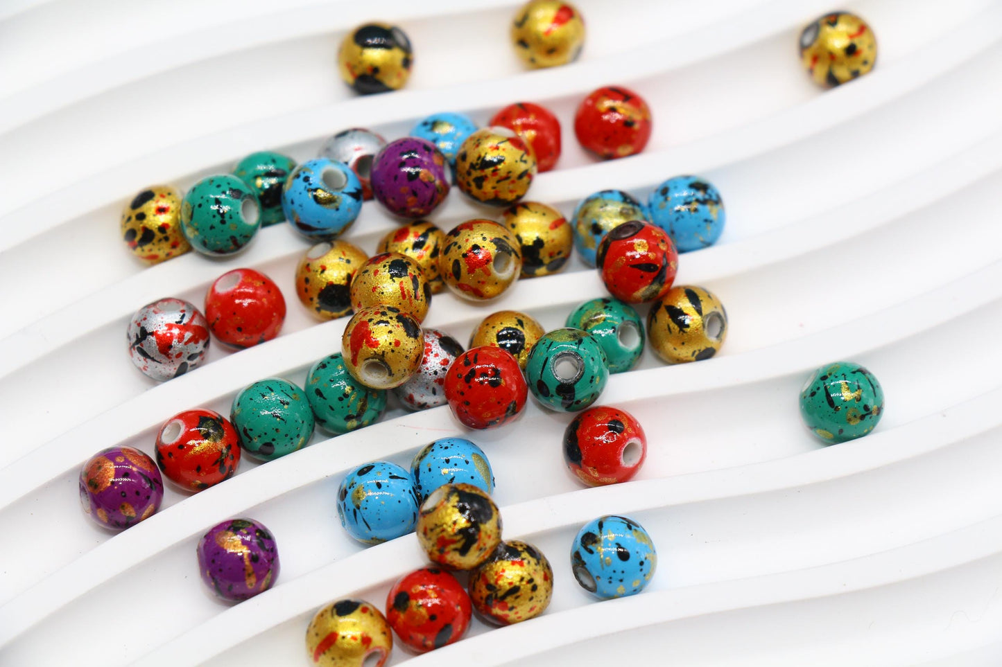 8mm Splatter Painted Acrylic Beads, Round Glossy Beads with Gold and Black Speckle for Jewelry Making, DIY Crafts