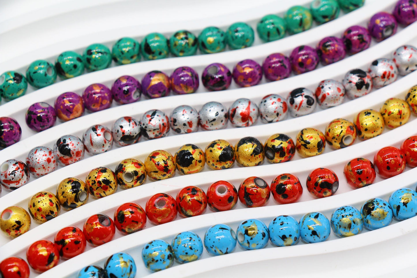 8mm Splatter Painted Acrylic Beads, Round Glossy Beads with Gold and Black Speckle for Jewelry Making, DIY Crafts