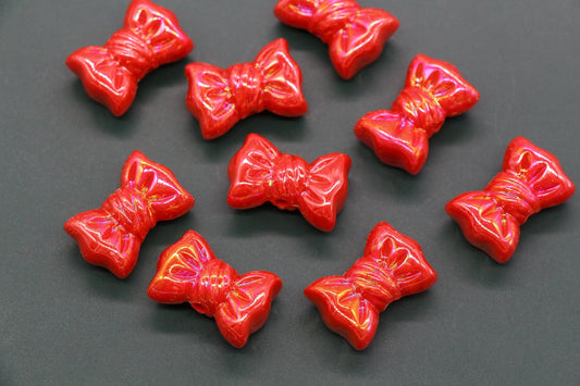 Iridescent Large Bow Beads, Red Aurora AB Plastic Bow Beads #3527