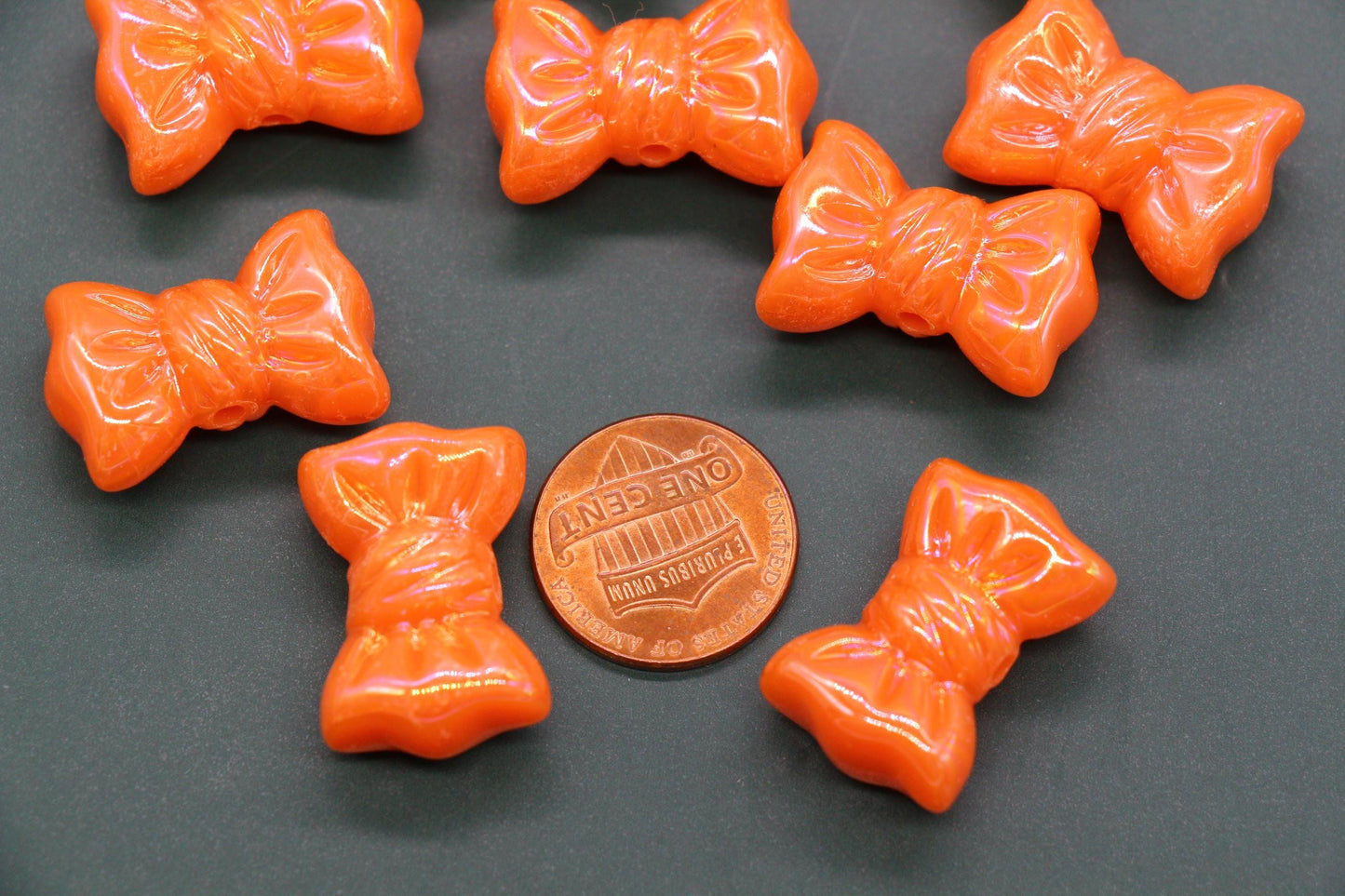 Iridescent Large Bow Beads, Orange Aurora AB Plastic Bow Beads #3526