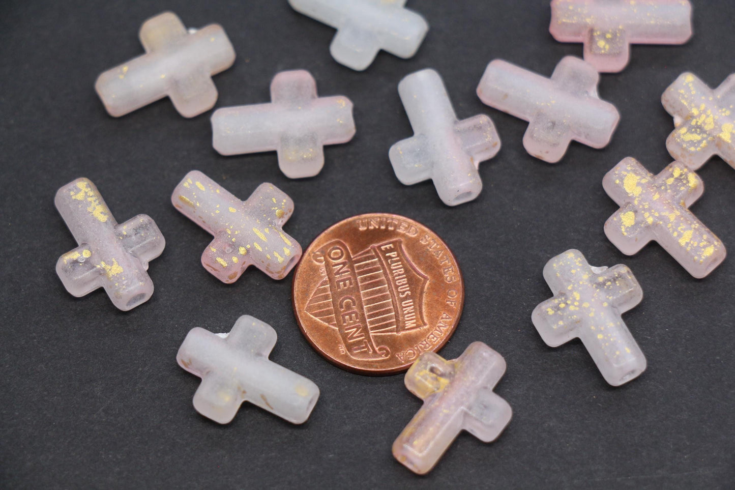 Matte Cross Beads with Gold Specks, Peach Blush Mix Frosted Acrylic Cross Beads #3753