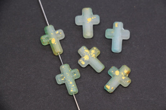 Matte Cross Beads with Gold Specks, Green Ombre Frosted Acrylic Cross Beads #3750