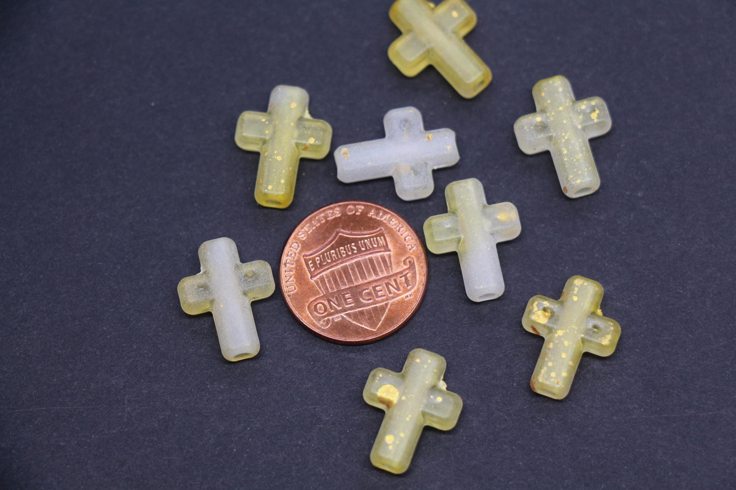 Matte Cross Beads with Gold Specks, Yellow Ombre Frosted Acrylic Cross Beads #3754