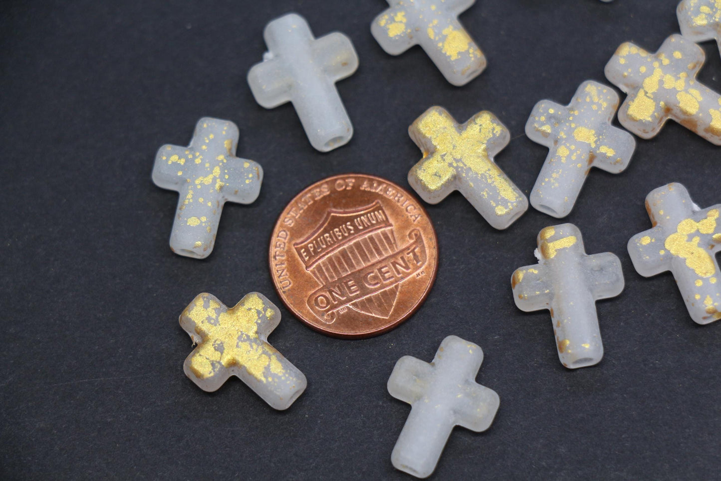 Matte Cross Beads with Gold Specks, Milky White Ombre Frosted Acrylic Cross Beads #3755