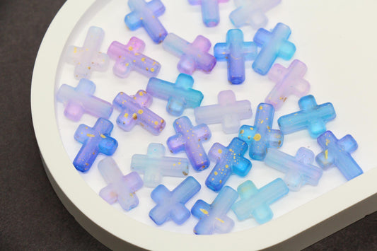 Matte Cross Beads with Gold Specks, Indigo Ombre Blue Purple Mix, Frosted Acrylic Cross Beads #3756