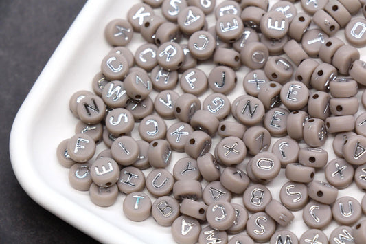 7mm Taupe Gray Silver Letter Beads for Bracelets