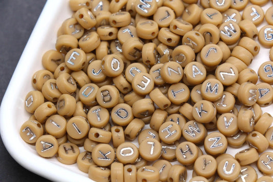 7mm Camel Beige Silver Letter Beads for Bracelets