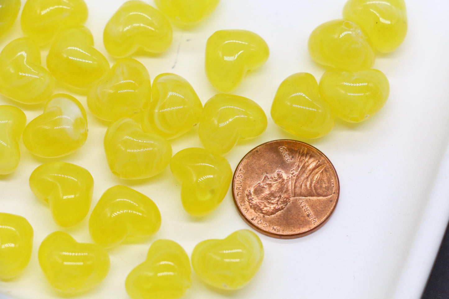 12mm Lemon Yellow Marbled Heart Beads, Jewelry Making Supplies #3907
