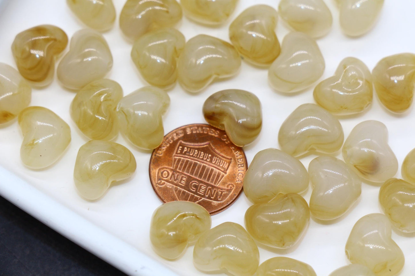 12mm Golden Cream Marbled Heart Beads, Jewelry Making Supplies #3913