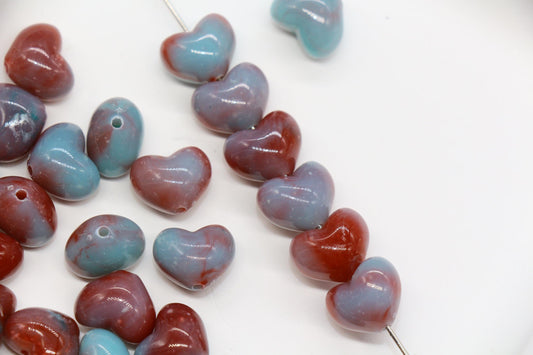 12mm Burgundy Teal Heart Beads, Jewelry Making Supplies #3911