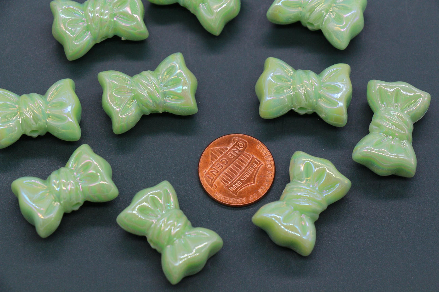 Iridescent Large Bow Beads, Mint Green Aurora AB Plastic Bow Beads #3524