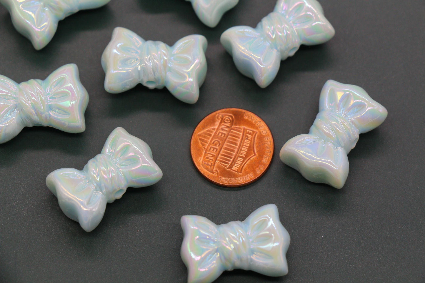 Iridescent Large Bow Beads, Pastel Blue Aurora AB Plastic Bow Beads #3523