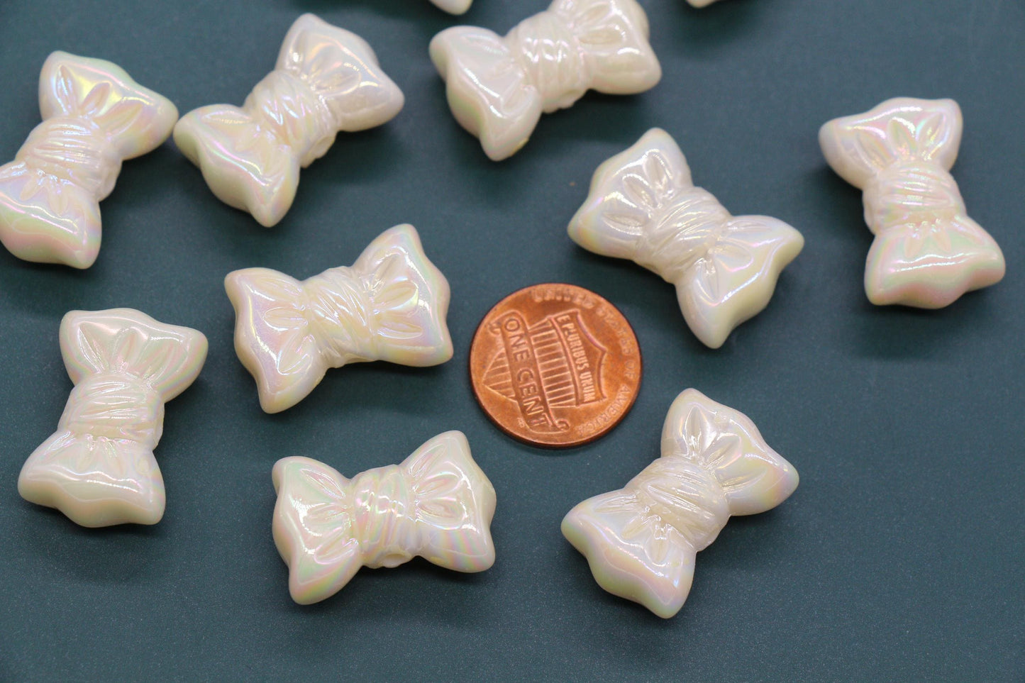 Iridescent Large Bow Beads, Pearl White Aurora AB Plastic Bow Beads #3528