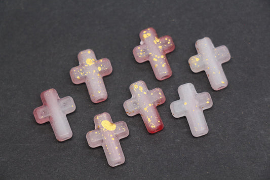 Matte Cross Beads with Gold Specks, Rose Mauve Ombre Frosted Acrylic Cross Beads #3751
