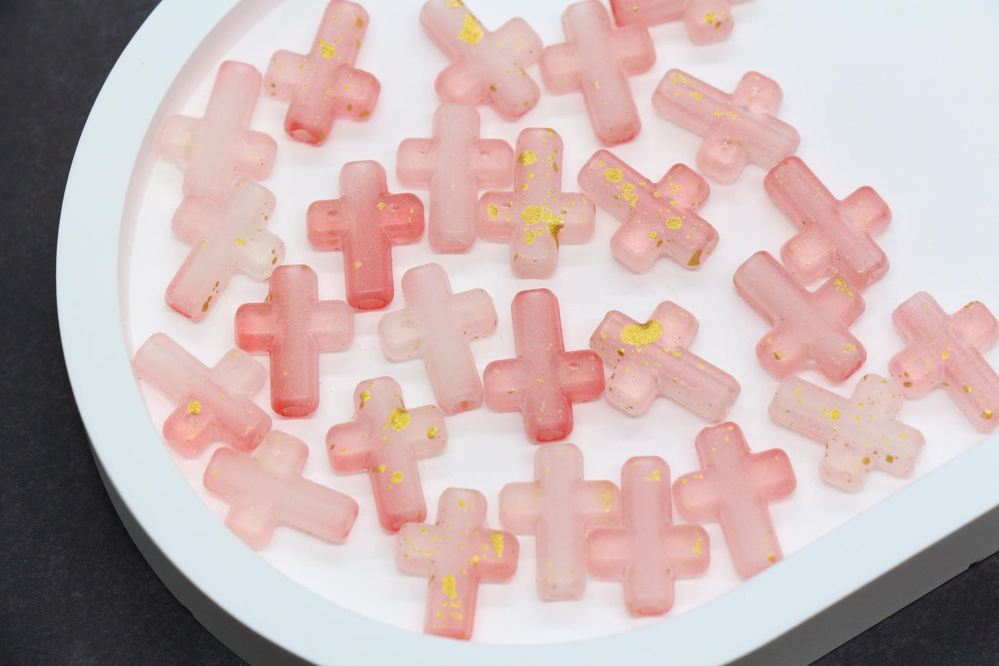 Matte Cross Beads with Gold Specks, Rose Mauve Ombre Frosted Acrylic Cross Beads #3751