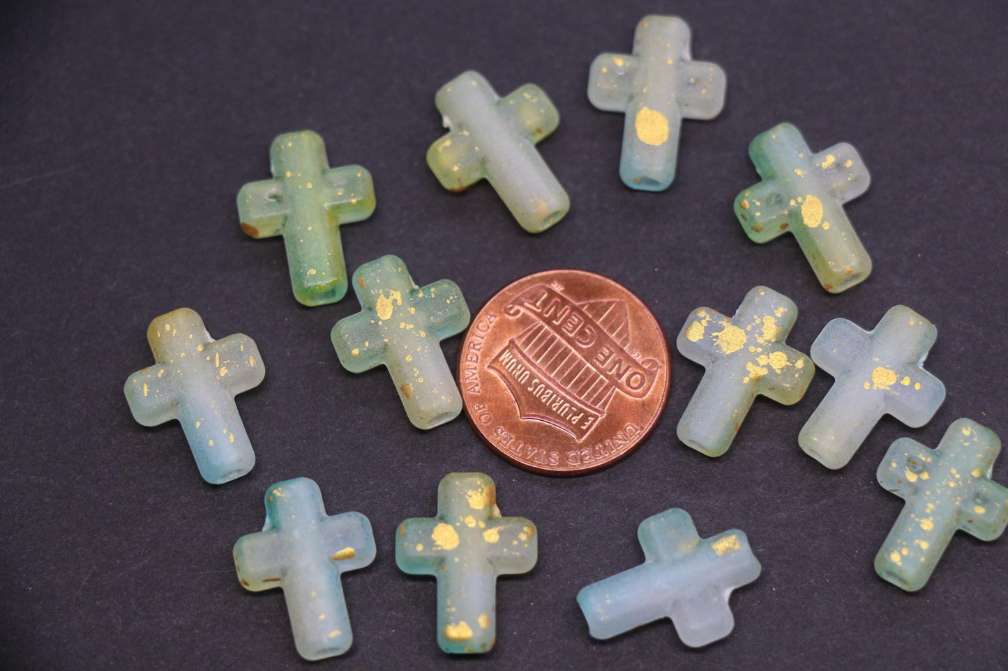 Matte Cross Beads with Gold Specks, Green Ombre Frosted Acrylic Cross Beads #3750