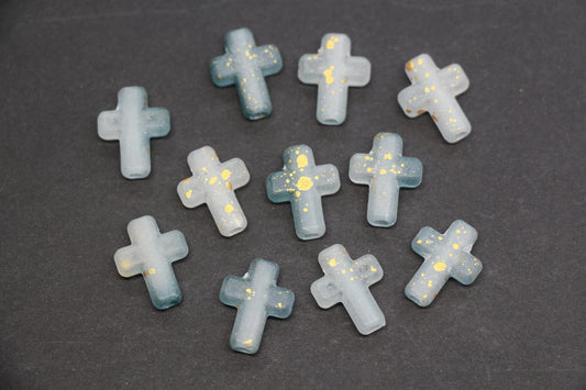Matte Cross Beads with Gold Specks, Mist Gray Ombre Frosted Acrylic Cross Beads #3748