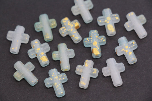 Matte Cross Beads with Gold Specks, Aqua Mist Ombre Frosted Acrylic Cross Beads #3749