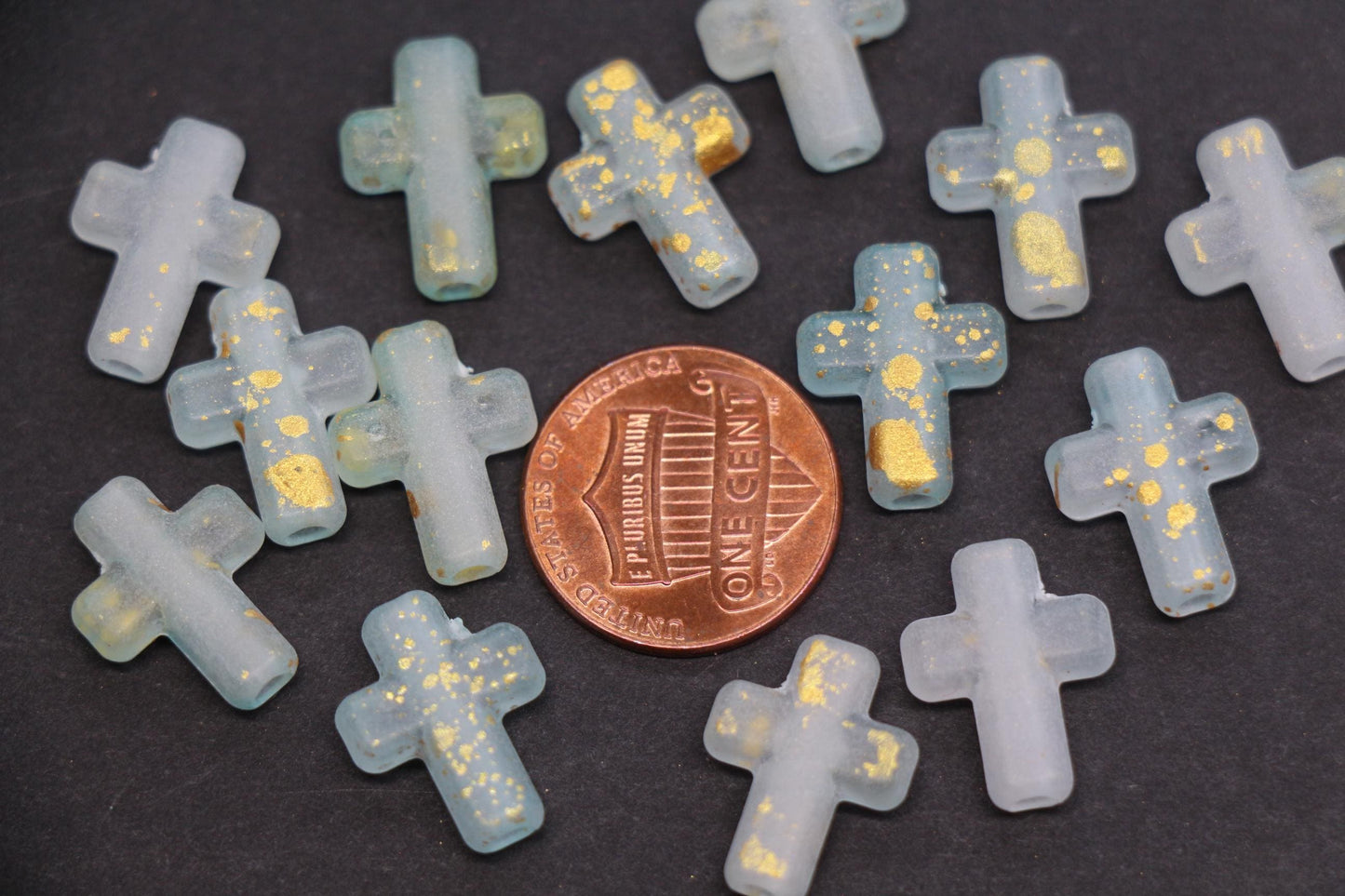 Matte Cross Beads with Gold Specks, Aqua Mist Ombre Frosted Acrylic Cross Beads #3749