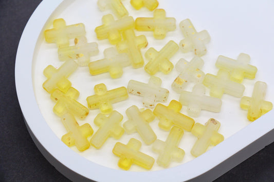 Matte Cross Beads with Gold Specks, Yellow Ombre Frosted Acrylic Cross Beads #3754