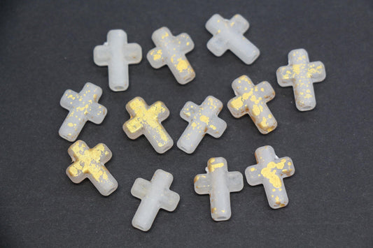 Matte Cross Beads with Gold Specks, Milky White Ombre Frosted Acrylic Cross Beads #3755