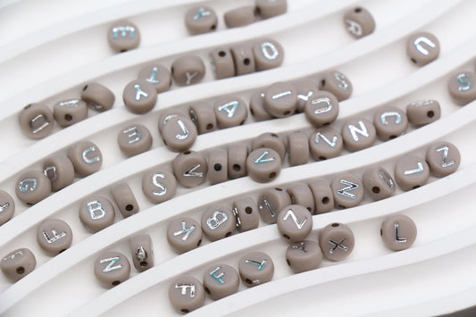7mm Taupe Gray Silver Letter Beads for Bracelets