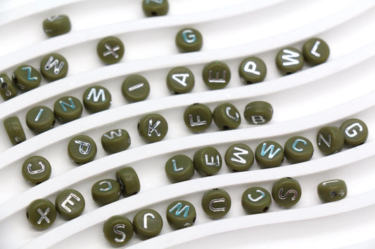 7mm Olive Green Silver Letter Beads for Bracelets