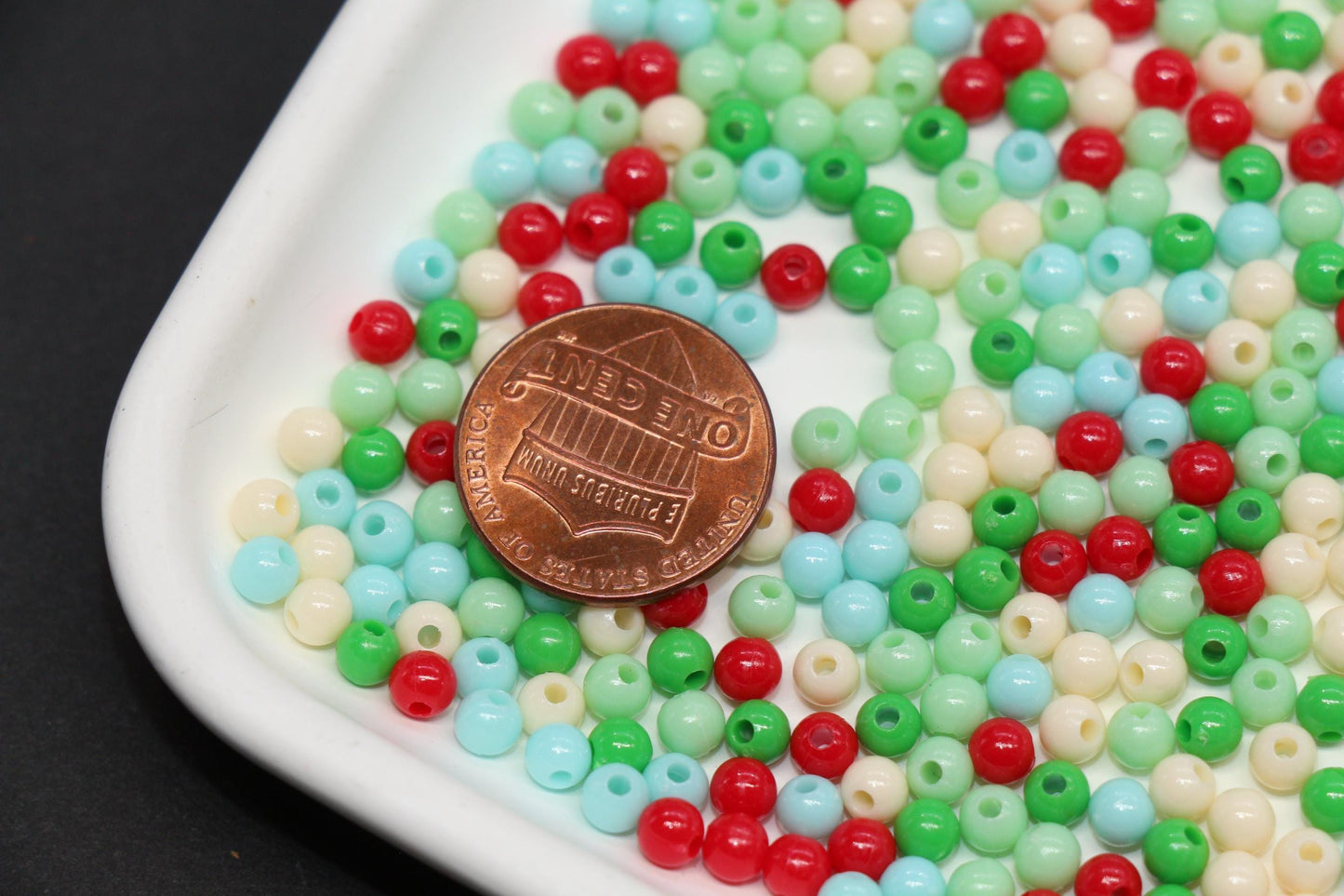 4mm Mint Candy Mix Round Beads, Red Green White Acrylic Round Beads #3383